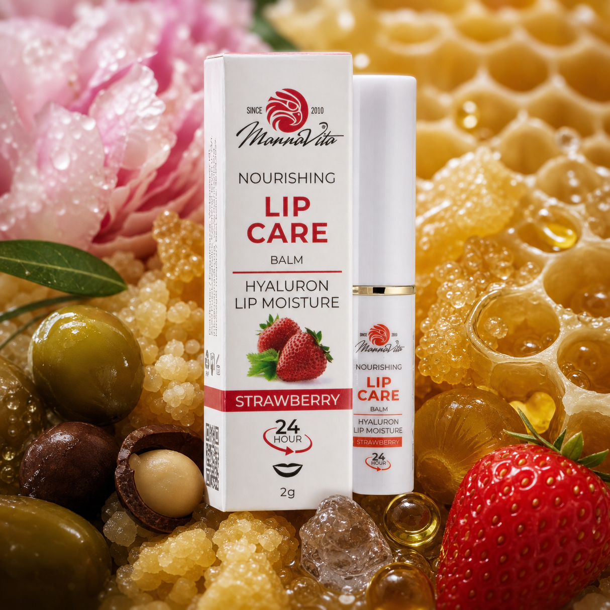 Mannavita Lip Balm s Kyselinou Hyaluronovou • Hloubkově vyživující JAHODA