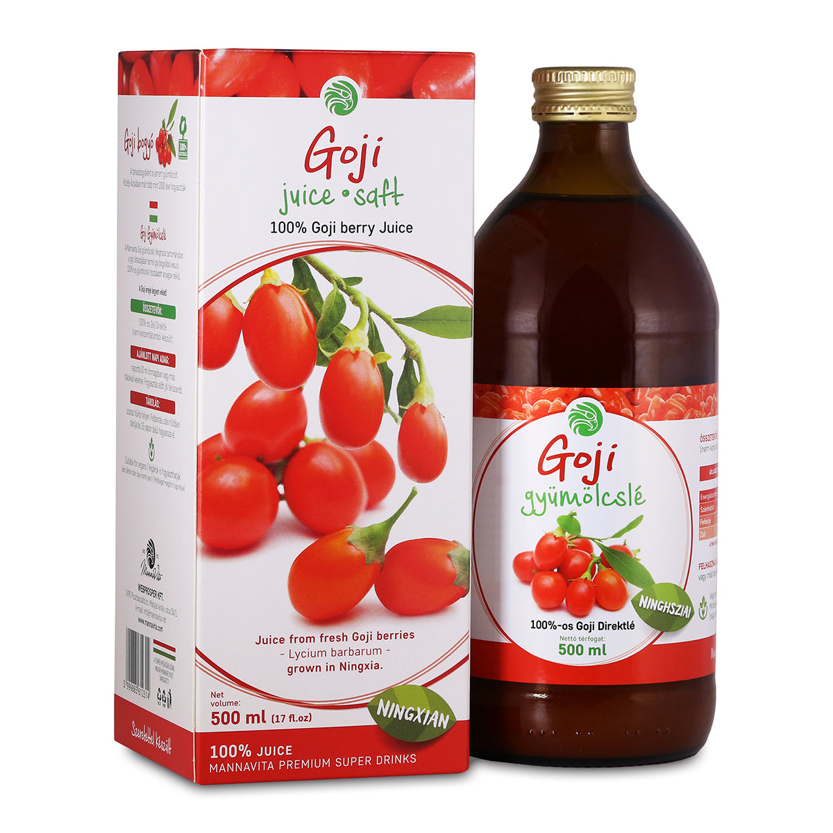 Mannavita Goji – 100% lisovaná čistá šťáva z Kustovnice čínské • 500 ml