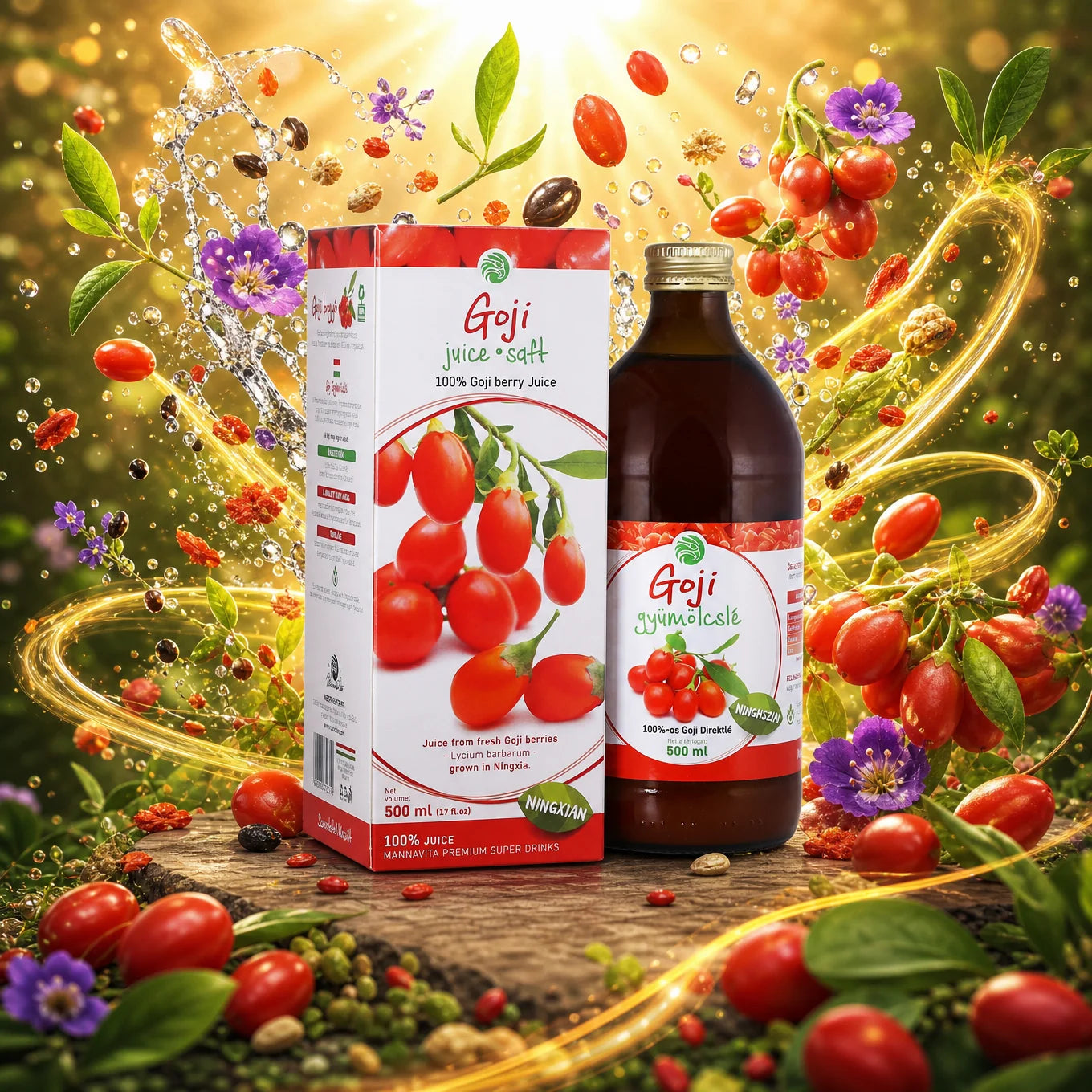 Mannavita Goji – 100% lisovaná čistá šťáva z Kustovnice čínské • 500 ml